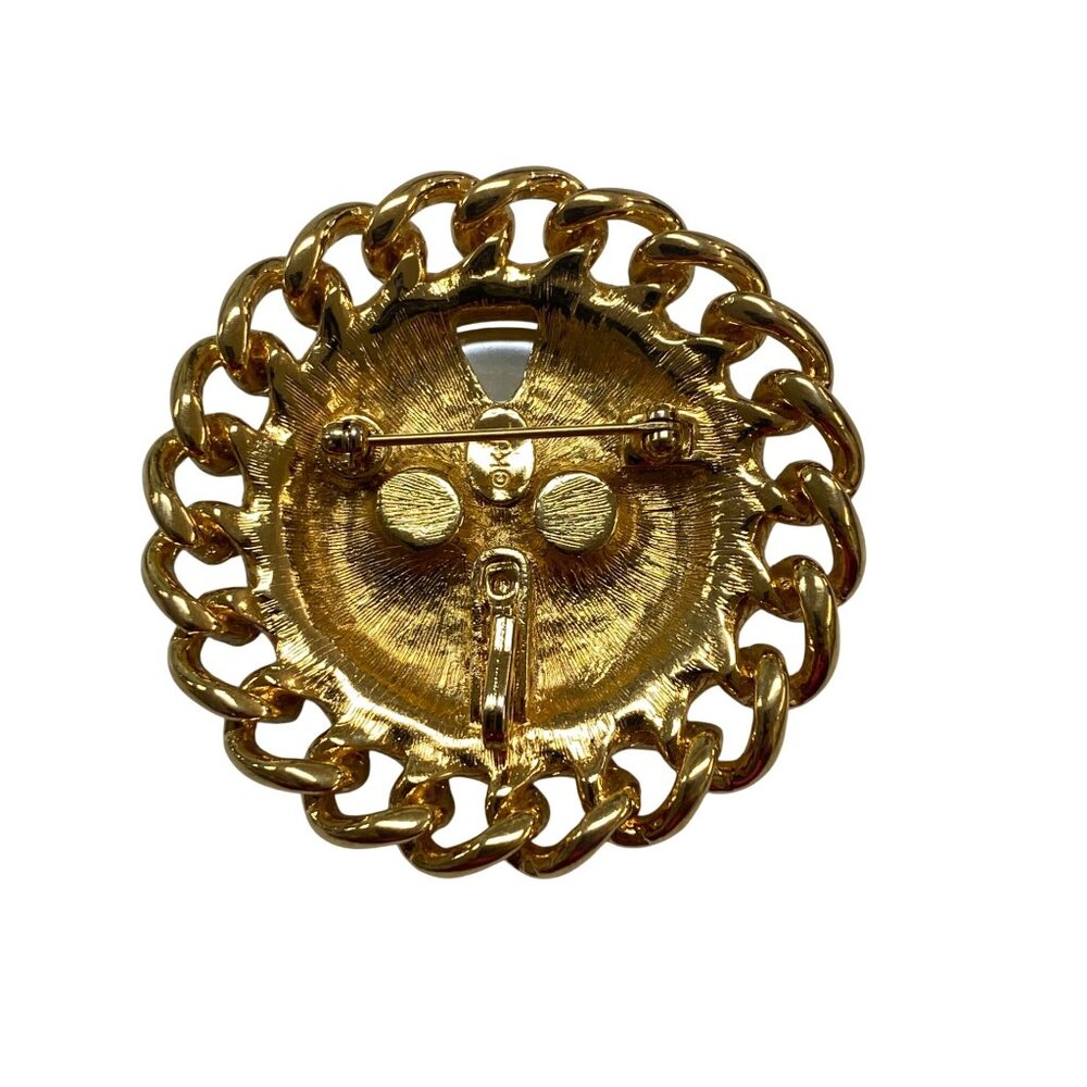 Vintage KJL Kenneth Jay Lane Pearl & Gold Chain Link Brooch Pin Statement Jewelr - Picture 2 of 5